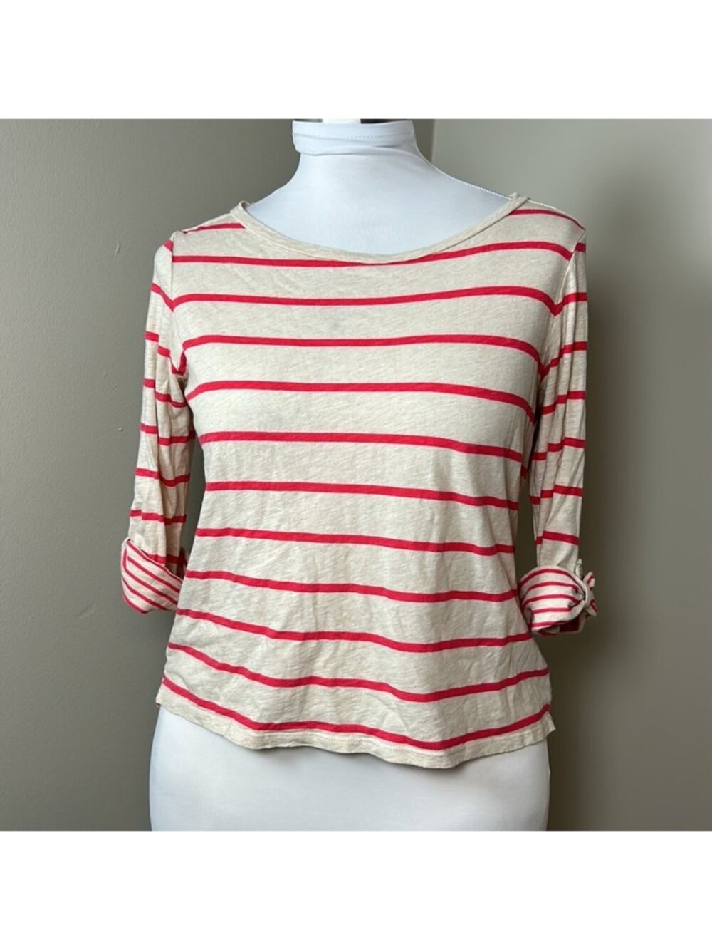 JCP Cream Red Striped Roll Tab 3/4 Sleeve Tee Large